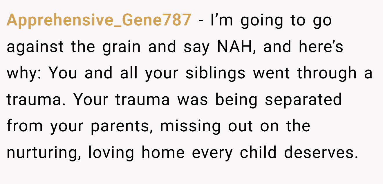 Apprehensive_Gene787 - I’m going to go against the grain and say NAH, and here’s why: You and all your siblings went through a trauma. Your trauma was being separated from your parents, missing out on the nurturing, loving home every child deserves.