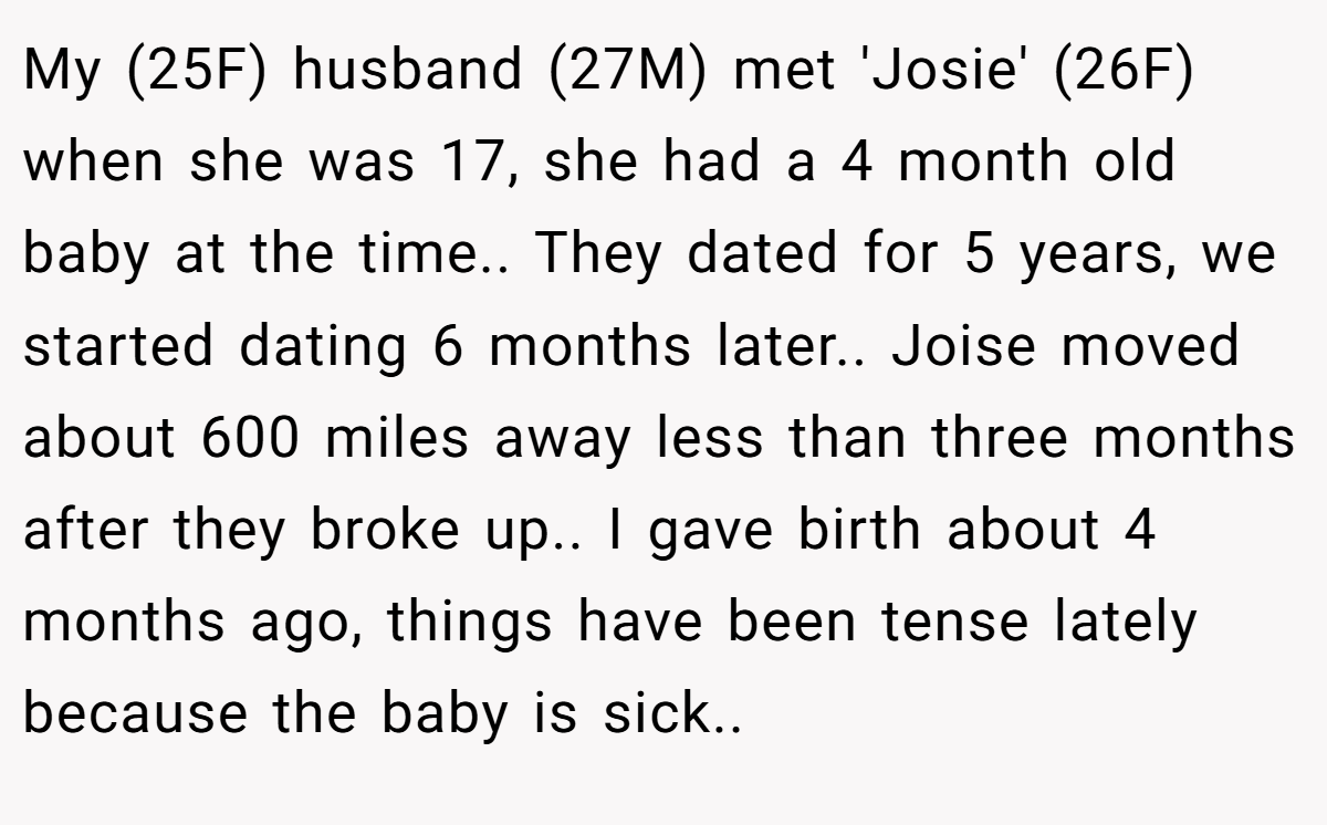 My (25F) husband (27M) met 'Josie' (26F) when she was 17, she had a 4 month old baby at the time.. They dated for 5 years, we started dating 6 months later.. Joise moved about 600 miles away less than three months after they broke up.. I gave birth about 4 months ago, things have been tense lately because the baby is sick..