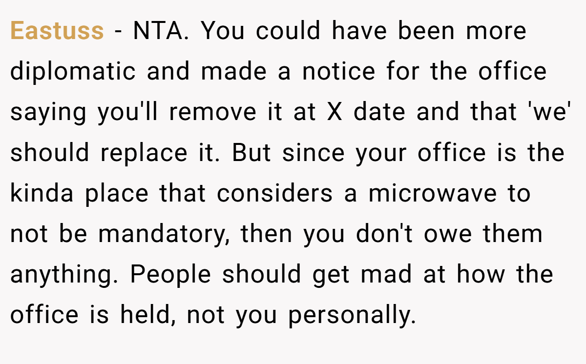 Eastuss − NTA. You could have been more diplomatic and made a notice for the office saying you'll remove it at X date and that 'we' should replace it. But since your office is the kinda place that considers a microwave to not be mandatory, then you don't owe them anything. People should get mad at how the office is held, not you personally.