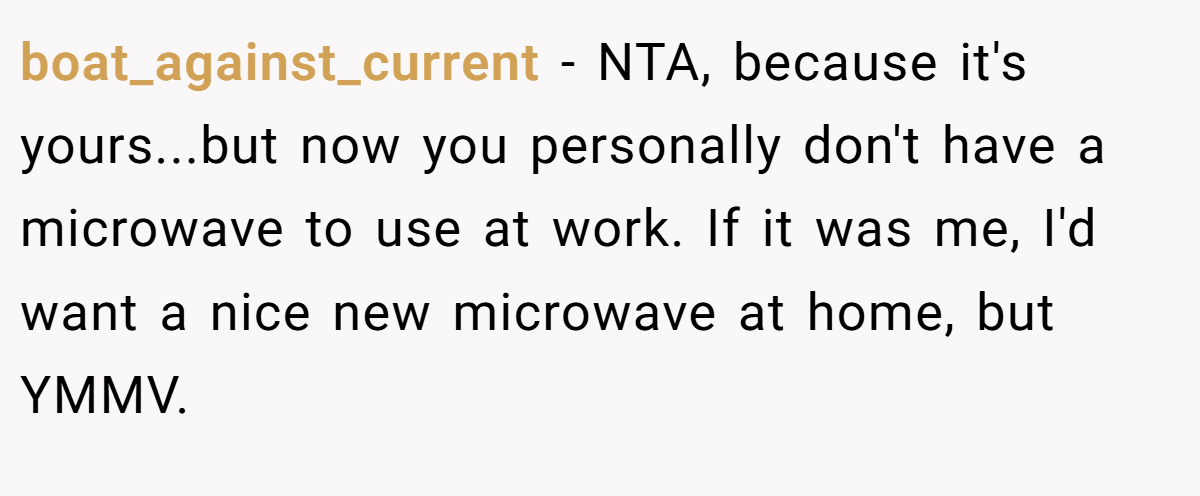 boat_against_current − NTA, because it's yours...but now you personally don't have a microwave to use at work. If it was me, I'd want a nice new microwave at home, but YMMV.