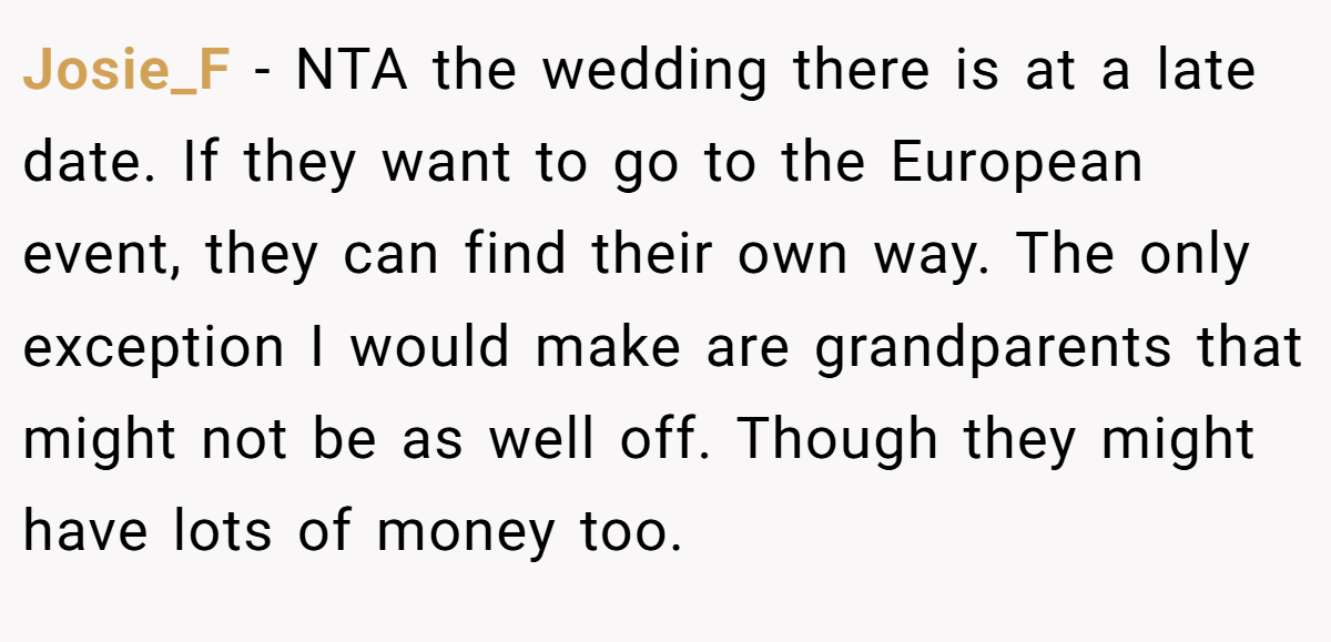 Josie_F - NTA the wedding there is at a late date. If they want to go to the European event, they can find their own way. The only exception I would make are grandparents that might not be as well off. Though they might have lots of money too.