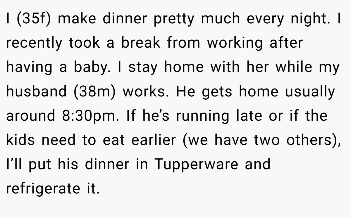 I (35f) make dinner pretty much every night. I recently took a break from working after having a baby. I stay home with her while my husband (38m) works. He gets home usually around 8:30pm. If he’s running late or if the kids need to eat earlier (we have two others), I’ll put his dinner in Tupperware and refrigerate it.
