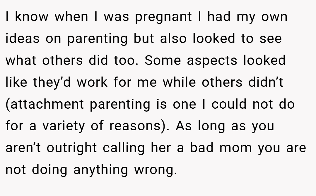 I know when I was pregnant I had my own ideas on parenting but also looked to see what others did too. Some aspects looked like they’d work for me while others didn’t (attachment parenting is one I could not do for a variety of reasons). As long as you aren’t outright calling her a bad mom you are not doing anything wrong.