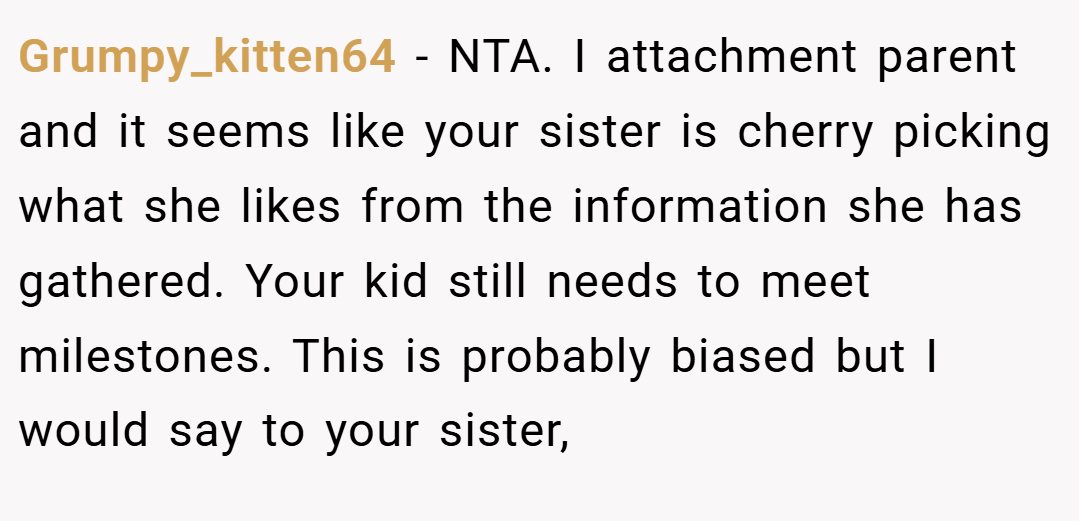 Grumpy_kitten64 − NTA. I attachment parent and it seems like your sister is cherry picking what she likes from the information she has gathered. Your kid still needs to meet milestones. This is probably biased but I would say to your sister,