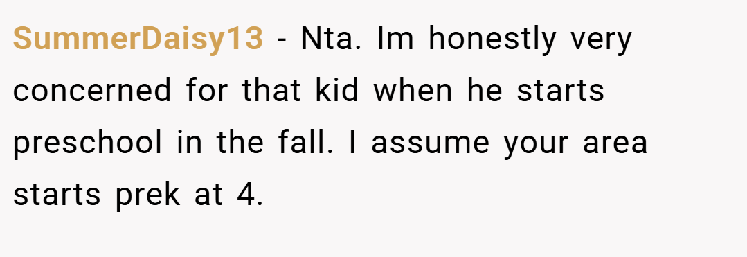 SummerDaisy13 − Nta. Im honestly very concerned for that kid when he starts preschool in the fall. I assume your area starts prek at 4.