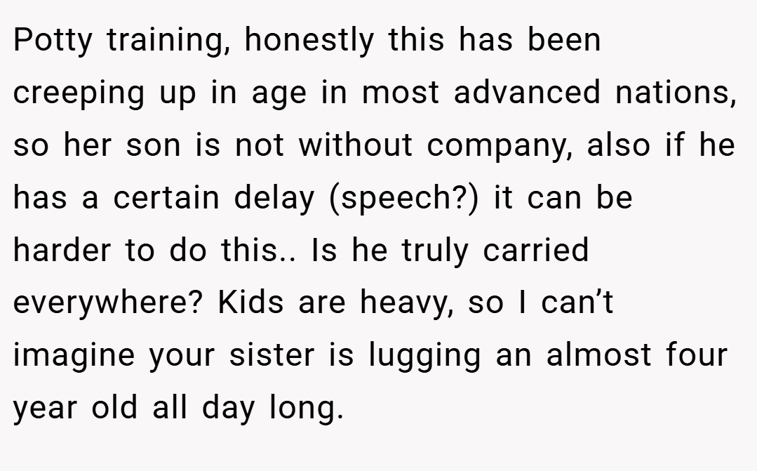 Potty training, honestly this has been creeping up in age in most advanced nations, so her son is not without company, also if he has a certain delay (speech?) it can be harder to do this.. Is he truly carried everywhere? Kids are heavy, so I can’t imagine your sister is lugging an almost four year old all day long.