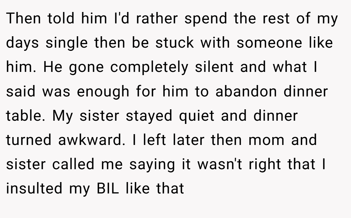 Then told him I'd rather spend the rest of my days single then be stuck with someone like him. He gone completely silent and what I said was enough for him to abandon dinner table. My sister stayed quiet and dinner turned awkward. I left later then mom and sister called me saying it wasn't right that I insulted my BIL like that