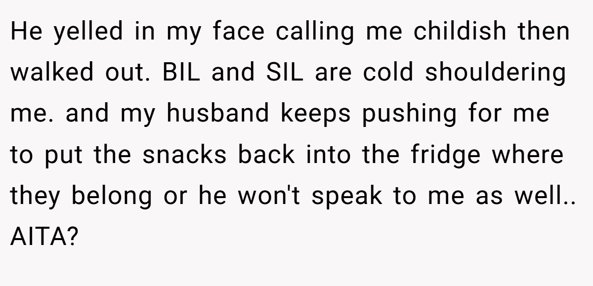 He yelled in my face calling me childish then walked out. BIL and SIL are cold shouldering me. and my husband keeps pushing for me to put the snacks back into the fridge where they belong or he won't speak to me as well.. AITA?