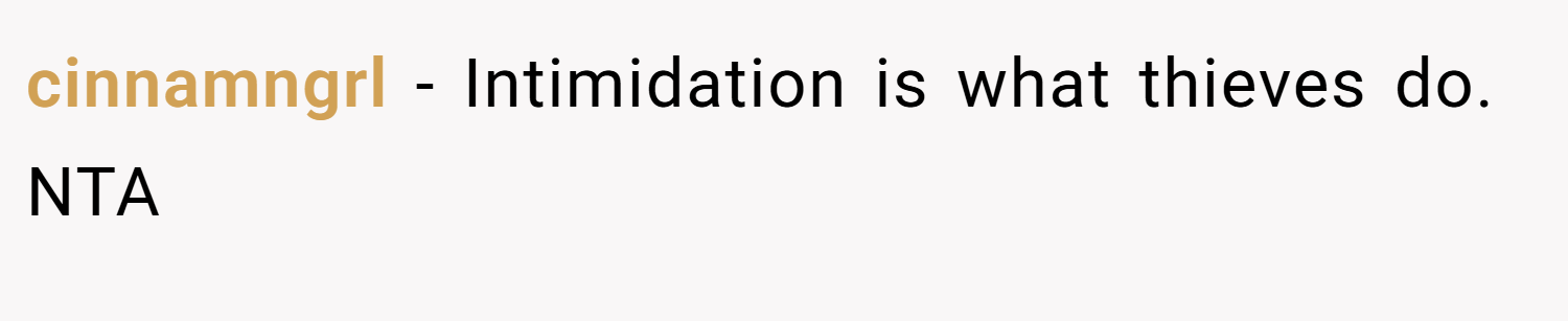 cinnamngrl − Intimidation is what thieves do. NTA