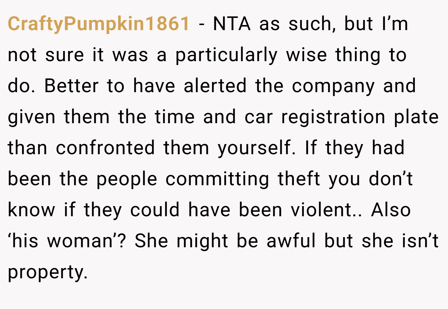 CraftyPumpkin1861 − NTA as such, but I’m not sure it was a particularly wise thing to do. Better to have alerted the company and given them the time and car registration plate than confronted them yourself. If they had been the people committing theft you don’t know if they could have been violent.. Also ‘his woman’? She might be awful but she isn’t property.
