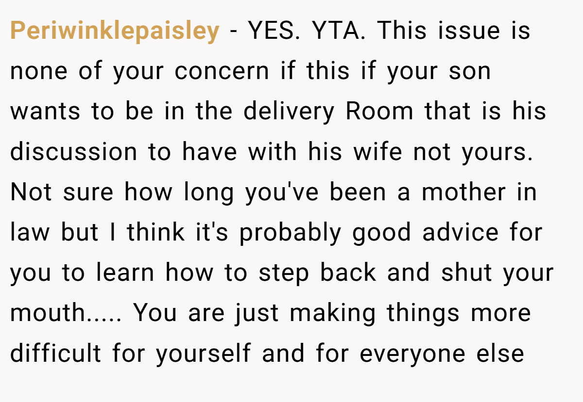 Periwinklepaisley - YES. YTA. This issue is none of your concern if this if your son wants to be in the delivery Room that is his discussion to have with his wife not yours. Not sure how long you've been a mother in law but I think it's probably good advice for you to learn how to step back and shut your mouth..... You are just making things more difficult for yourself and for everyone else
