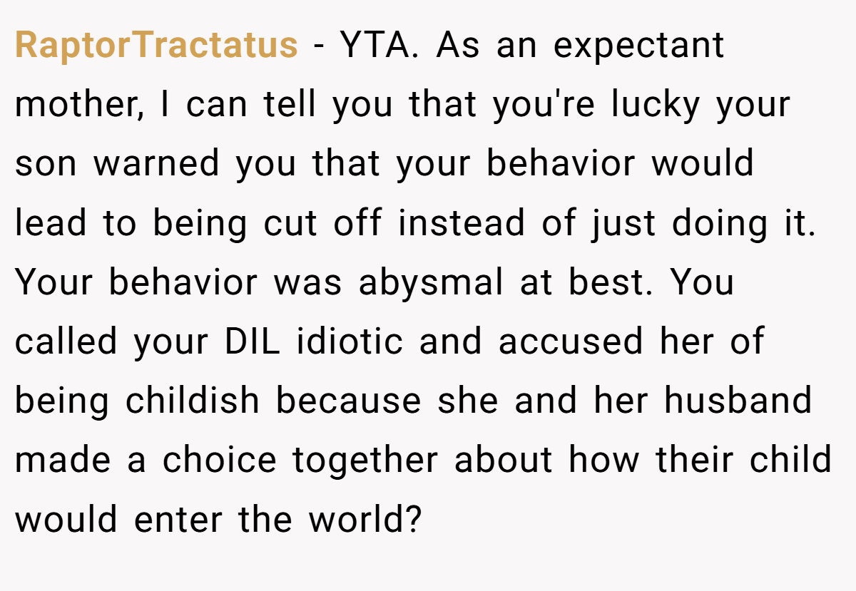 RaptorTractatus - YTA. As an expectant mother, I can tell you that you're lucky your son warned you that your behavior would lead to being cut off instead of just doing it. Your behavior was abysmal at best. You called your DIL idiotic and accused her of being childish because she and her husband made a choice together about how their child would enter the world?