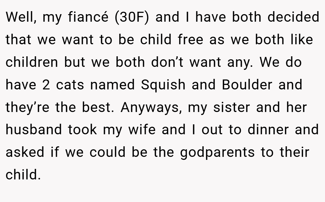 Well, my fiancé (30F) and I have both decided that we want to be child free as we both like children but we both don’t want any. We do have 2 cats named Squish and Boulder and they’re the best. Anyways, my sister and her husband took my wife and I out to dinner and asked if we could be the godparents to their child.