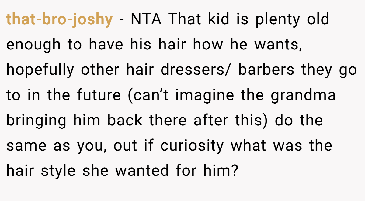 that-bro-joshy - NTA That kid is plenty old enough to have his hair how he wants, hopefully other hair dressers/ barbers they go to in the future (can’t imagine the grandma bringing him back there after this) do the same as you, out if curiosity what was the hair style she wanted for him?