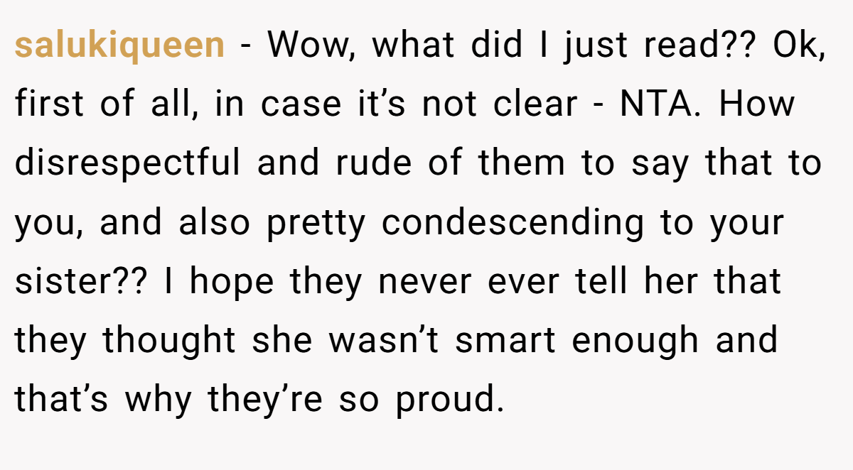 salukiqueen − Wow, what did I just read?? Ok, first of all, in case it’s not clear - NTA. How disrespectful and rude of them to say that to you, and also pretty condescending to your sister?? I hope they never ever tell her that they thought she wasn’t smart enough and that’s why they’re so proud.