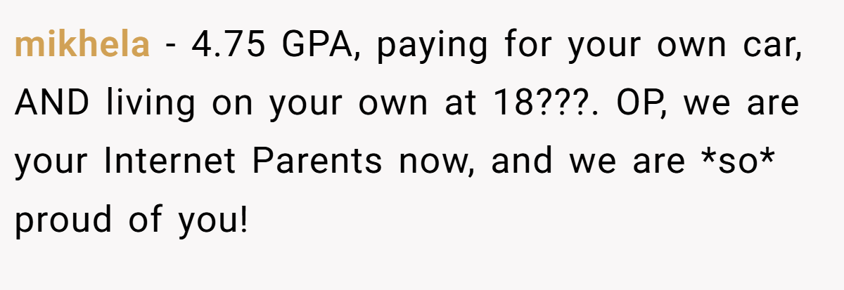 mikhela − 4.75 GPA, paying for your own car, AND living on your own at 18???. OP, we are your Internet Parents now, and we are *so* proud of you!