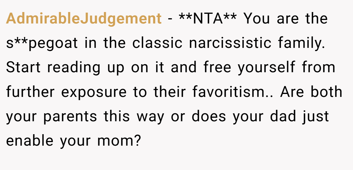 AdmirableJudgement − **NTA** You are the s**pegoat in the classic narcissistic family. Start reading up on it and free yourself from further exposure to their favoritism.. Are both your parents this way or does your dad just enable your mom?