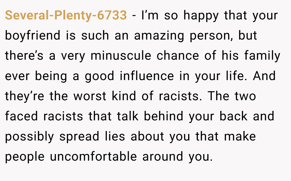 Several-Plenty-6733 − I’m so happy that your boyfriend is such an amazing person, but there’s a very minuscule chance of his family ever being a good influence in your life. And they’re the worst kind of racists. The two faced racists that talk behind your back and possibly spread lies about you that make people uncomfortable around you.