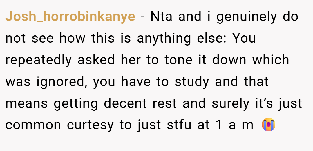 Josh_horrobinkanye − Nta and i genuinely do not see how this is anything else: You repeatedly asked her to tone it down which was ignored, you have to study and that means getting decent rest and surely it’s just common curtesy to just stfu at 1 a m 😭