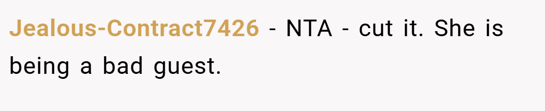 Jealous-Contract7426 − NTA - cut it. She is being a bad guest.