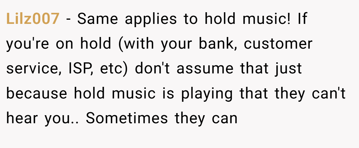 Lilz007 − Same applies to hold music! If you're on hold (with your bank, customer service, ISP, etc) don't assume that just because hold music is playing that they can't hear you.. Sometimes they can