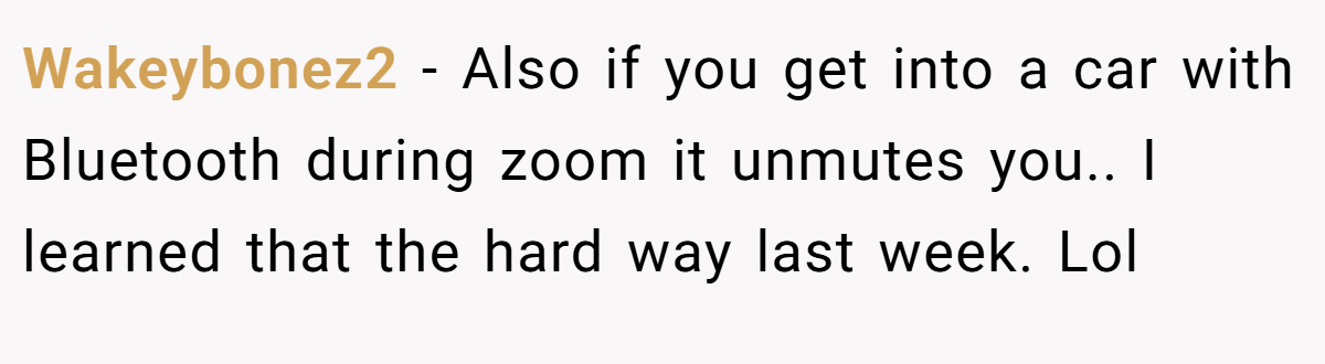 Wakeybonez2 − Also if you get into a car with Bluetooth during zoom it unmutes you.. I learned that the hard way last week. Lol