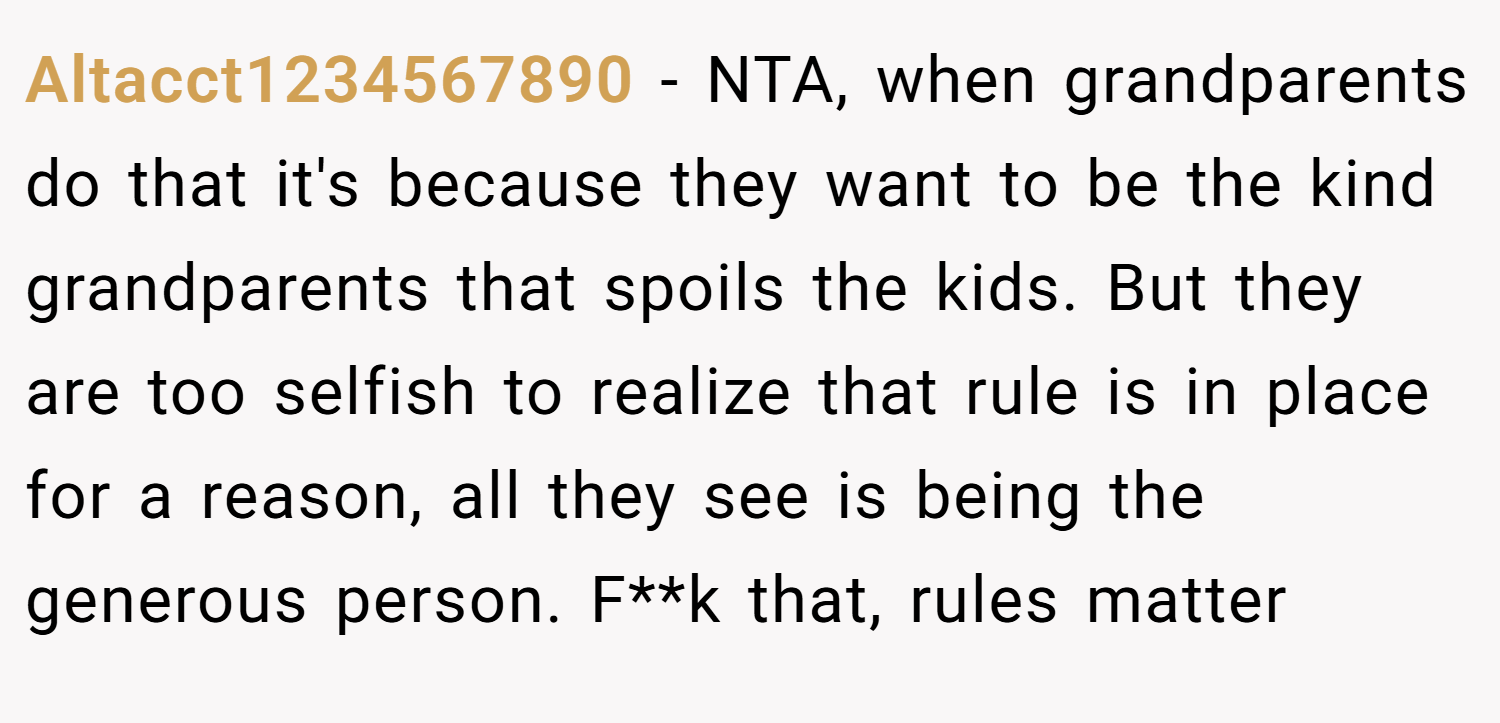 Altacct1234567890 − NTA, when grandparents do that it's because they want to be the kind grandparents that spoils the kids. But they are too selfish to realize that rule is in place for a reason, all they see is being the generous person. F**k that, rules matter