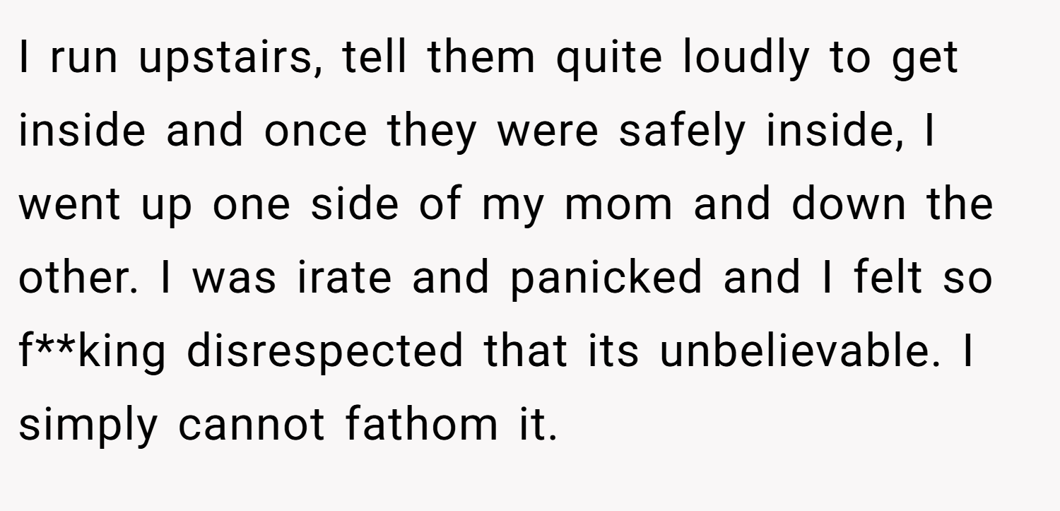 I run upstairs, tell them quite loudly to get inside and once they were safely inside, I went up one side of my mom and down the other. I was irate and panicked and I felt so f**king disrespected that its unbelievable. I simply cannot fathom it.