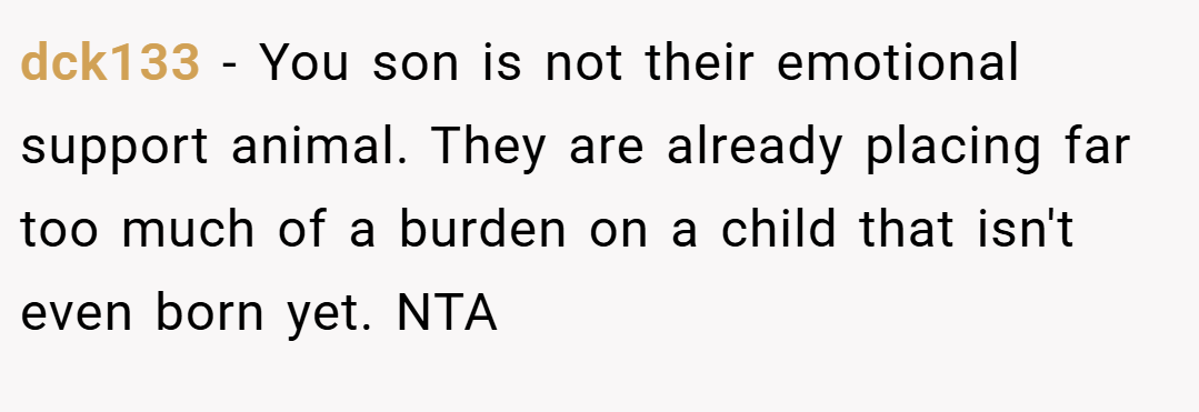 dck133 − You son is not their emotional support animal. They are already placing far too much of a burden on a child that isn't even born yet. NTA