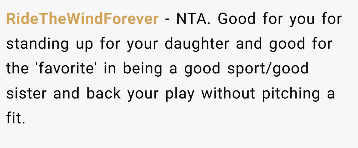 RideTheWindForever - NTA. Good for you for standing up for your daughter and good for the 'favorite' in being a good sport/good sister and back your play without pitching a fit.