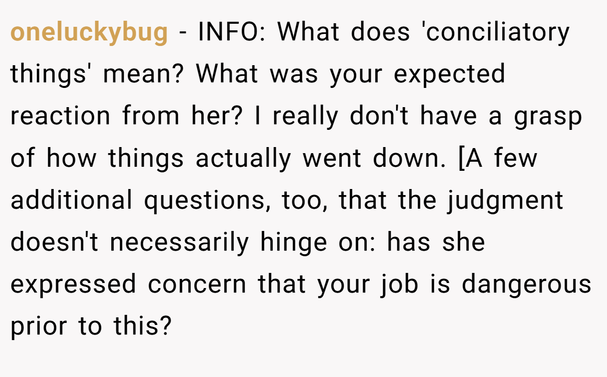 oneluckybug - INFO: What does 'conciliatory things' mean? What was your expected reaction from her? I really don't have a grasp of how things actually went down. [A few additional questions, too, that the judgment doesn't necessarily hinge on: has she expressed concern that your job is dangerous prior to this?
