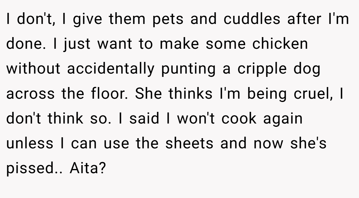 I don't, I give them pets and cuddles after I'm done. I just want to make some chicken without accidentally punting a cripple dog across the floor. She thinks I'm being cruel, I don't think so. I said I won't cook again unless I can use the sheets and now she's pissed.. Aita?