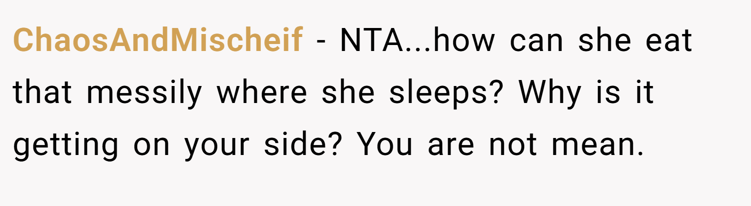 ChaosAndMischeif − NTA...how can she eat that messily where she sleeps? Why is it getting on your side? You are not mean.