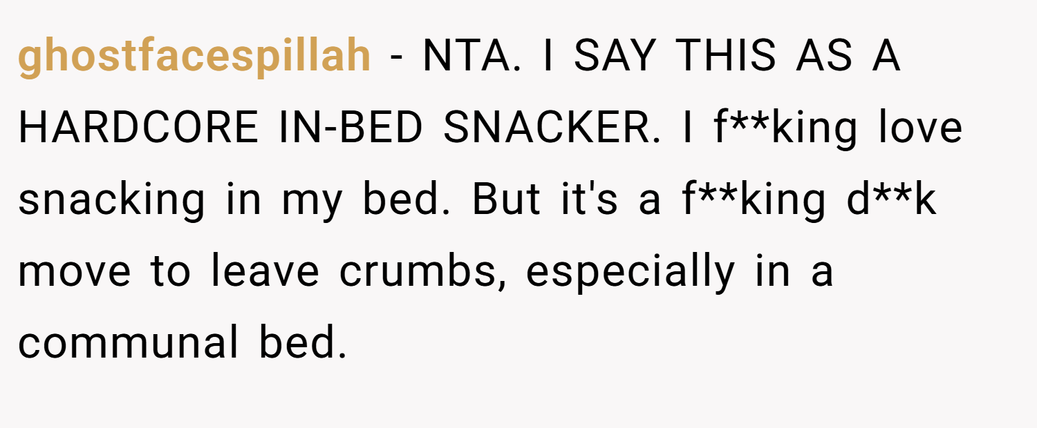 ghostfacespillah − NTA. I SAY THIS AS A HARDCORE IN-BED SNACKER. I f**king love snacking in my bed. But it's a f**king d**k move to leave crumbs, especially in a communal bed.
