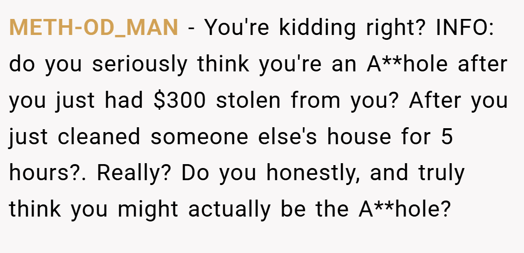 METH-OD_MAN − You're kidding right? INFO: do you seriously think you're an A**hole after you just had $300 stolen from you? After you just cleaned someone else's house for 5 hours?. Really? Do you honestly, and truly think you might actually be the A**hole?