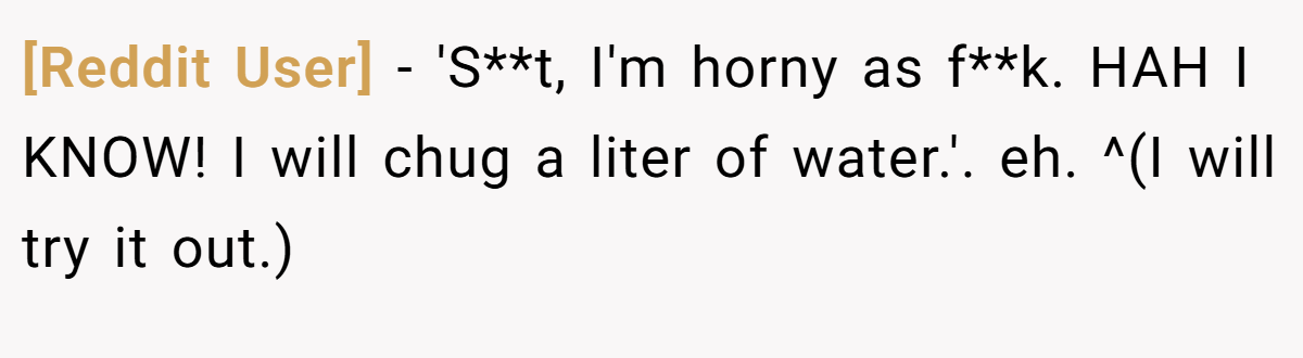 [Reddit User] − 'S**t, I'm horny as f**k. HAH I KNOW! I will chug a liter of water.'. eh. ^(I will try it out.)