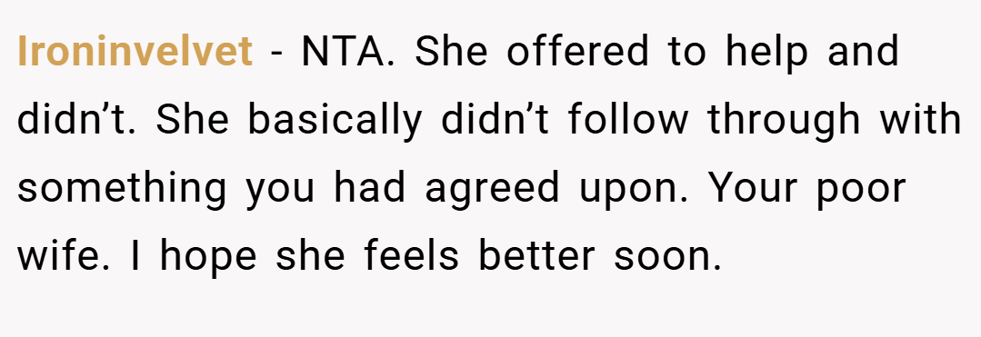 Ironinvelvet − NTA. She offered to help and didn’t. She basically didn’t follow through with something you had agreed upon. Your poor wife. I hope she feels better soon.