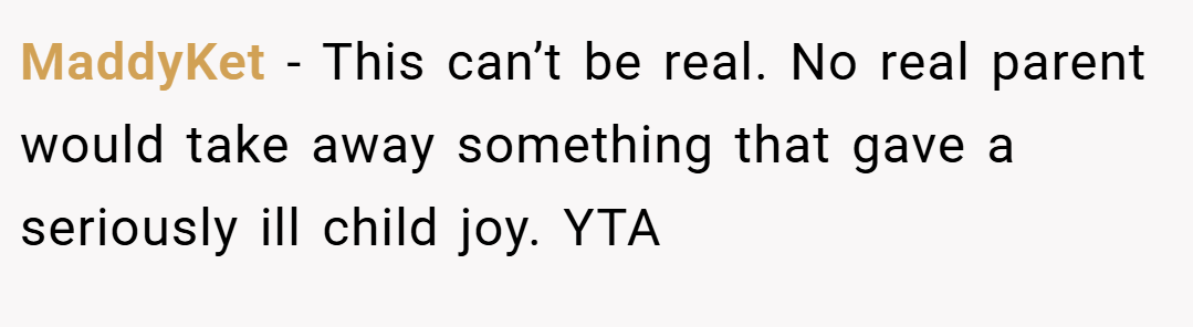 MaddyKet − This can’t be real. No real parent would take away something that gave a seriously ill child joy. YTA