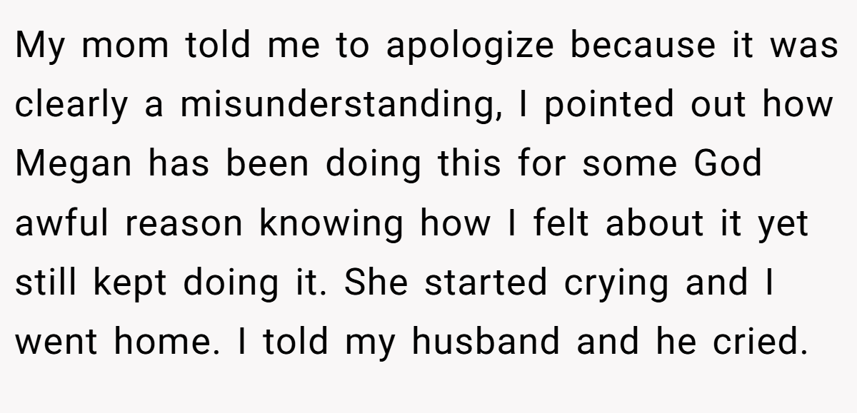 My mom told me to apologize because it was clearly a misunderstanding, I pointed out how Megan has been doing this for some God awful reason knowing how I felt about it yet still kept doing it. She started crying and I went home. I told my husband and he cried.