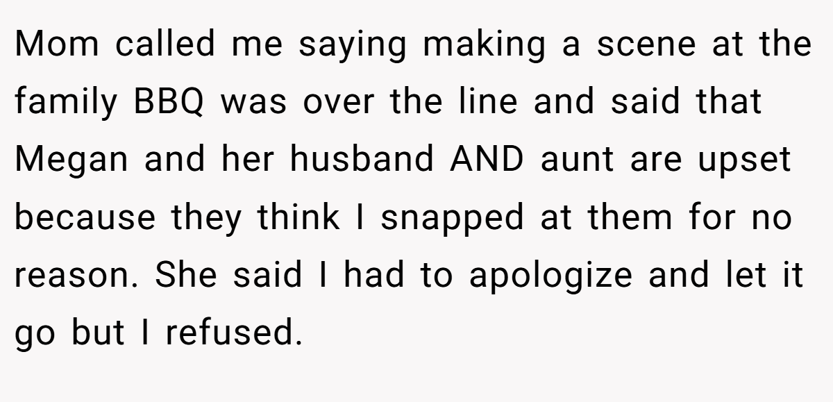 Mom called me saying making a scene at the family BBQ was over the line and said that Megan and her husband AND aunt are upset because they think I snapped at them for no reason. She said I had to apologize and let it go but I refused.