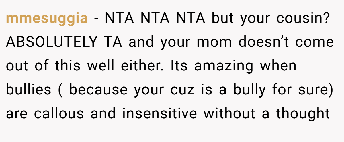 mmesuggia − NTA NTA NTA but your cousin? ABSOLUTELY TA and your mom doesn’t come out of this well either. Its amazing when bullies ( because your cuz is a bully for sure) are callous and insensitive without a thought