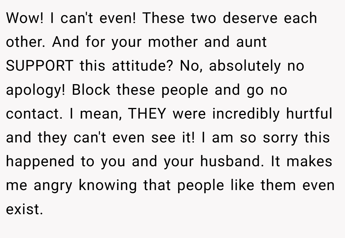 Wow! I can't even! These two deserve each other. And for your mother and aunt SUPPORT this attitude? No, absolutely no apology! Block these people and go no contact. I mean, THEY were incredibly hurtful and they can't even see it! I am so sorry this happened to you and your husband. It makes me angry knowing that people like them even exist.