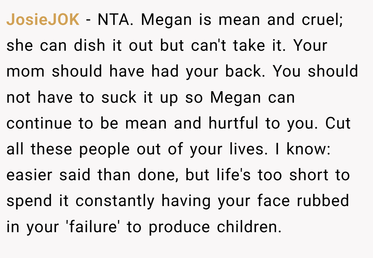 JosieJOK − NTA. Megan is mean and cruel; she can dish it out but can't take it. Your mom should have had your back. You should not have to suck it up so Megan can continue to be mean and hurtful to you. Cut all these people out of your lives. I know: easier said than done, but life's too short to spend it constantly having your face rubbed in your 'failure' to produce children.