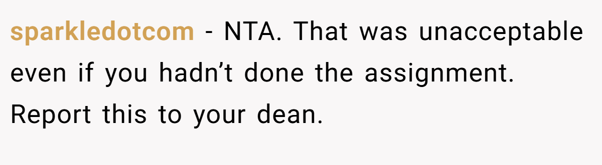 sparkledotcom - NTA. That was unacceptable even if you hadn’t done the assignment. Report this to your dean.