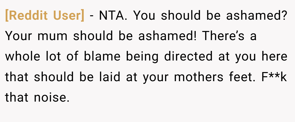 [Reddit User] − NTA. You should be ashamed? Your mum should be ashamed! There’s a whole lot of blame being directed at you here that should be laid at your mothers feet. F**k that noise.