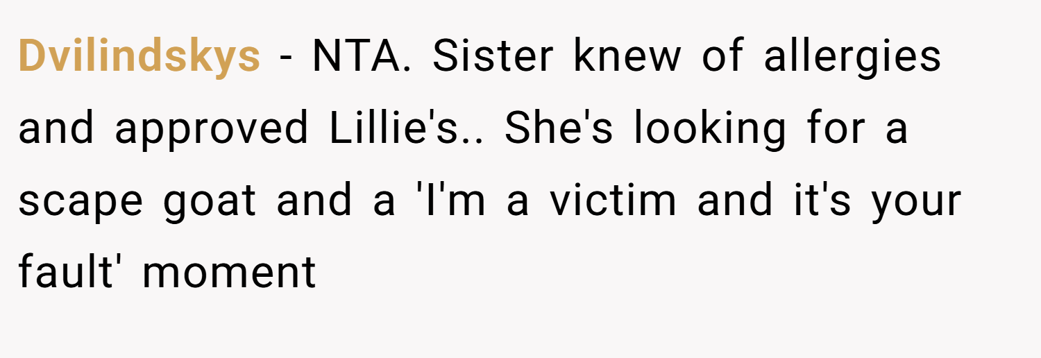 Dvilindskys − NTA. Sister knew of allergies and approved Lillie's.. She's looking for a scape goat and a 'I'm a victim and it's your fault' moment
