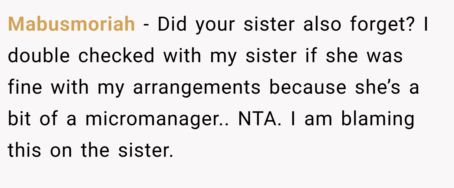 Mabusmoriah − Did your sister also forget? I double checked with my sister if she was fine with my arrangements because she’s a bit of a micromanager.. NTA. I am blaming this on the sister.