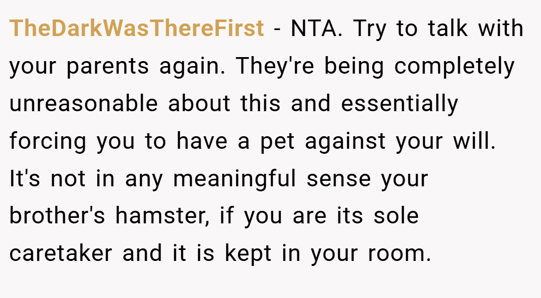 TheDarkWasThereFirst − NTA. Try to talk with your parents again. They're being completely unreasonable about this and essentially forcing you to have a pet against your will. It's not in any meaningful sense your brother's hamster, if you are its sole caretaker and it is kept in your room.