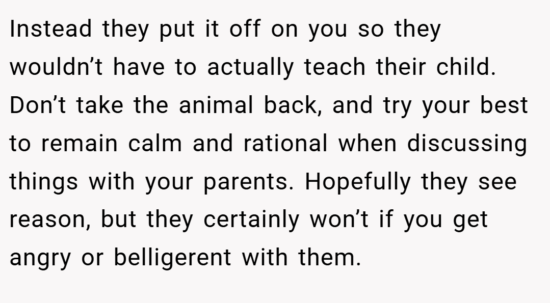 Instead they put it off on you so they wouldn’t have to actually teach their child. Don’t take the animal back, and try your best to remain calm and rational when discussing things with your parents. Hopefully they see reason, but they certainly won’t if you get angry or belligerent with them.