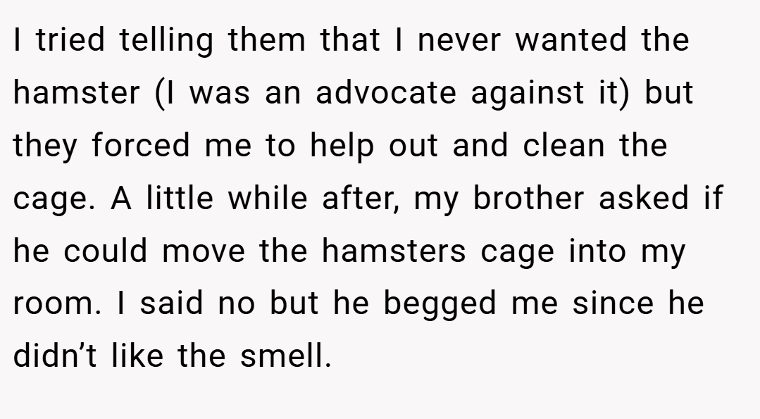 I tried telling them that I never wanted the hamster (I was an advocate against it) but they forced me to help out and clean the cage. A little while after, my brother asked if he could move the hamsters cage into my room. I said no but he begged me since he didn’t like the smell.